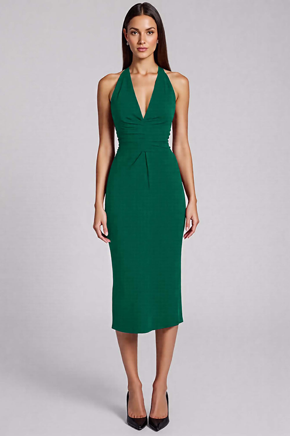 Leely Women Black Bodycon Satin Midi Cocktail Dress Backless Halter Sleeveless Party Dress