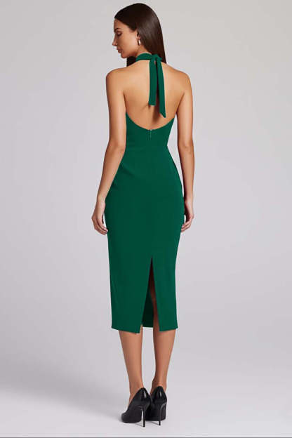 Halter Black Satin Bodycon Backless Midi Cocktail Dress