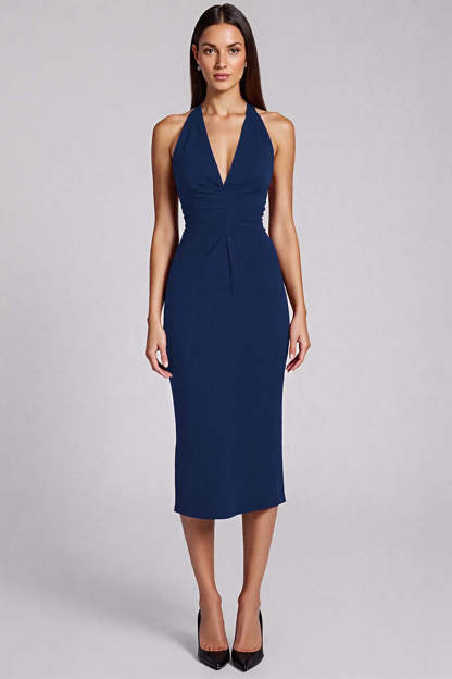 Halter Black Satin Bodycon Backless Midi Cocktail Dress