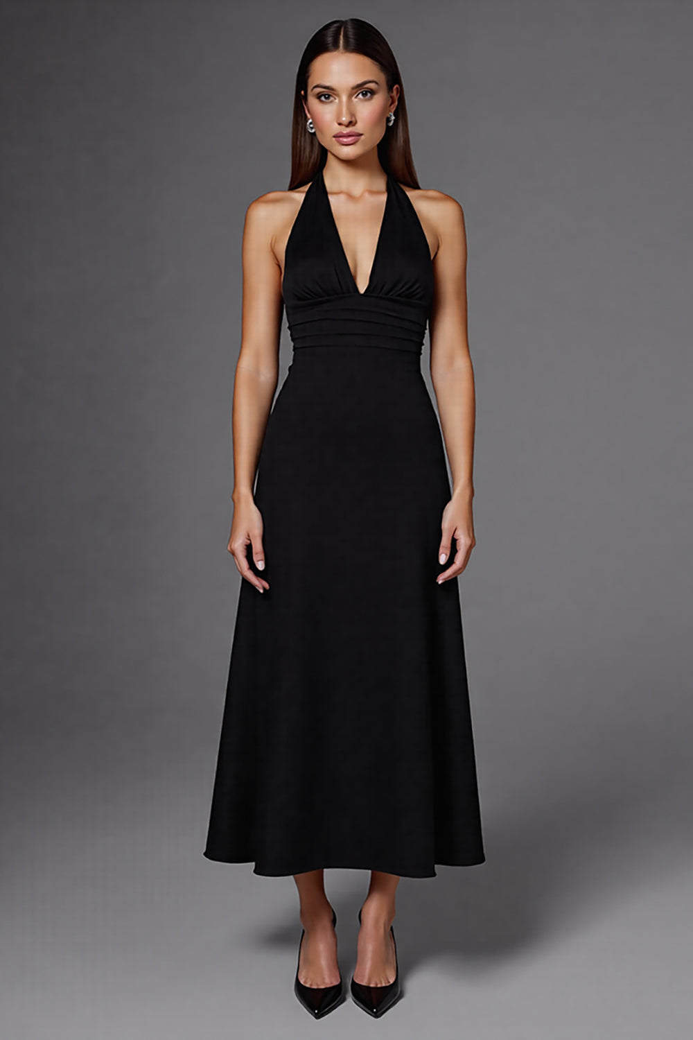 Elegant Satin A Line Halter Backless Long Black Tie Dress