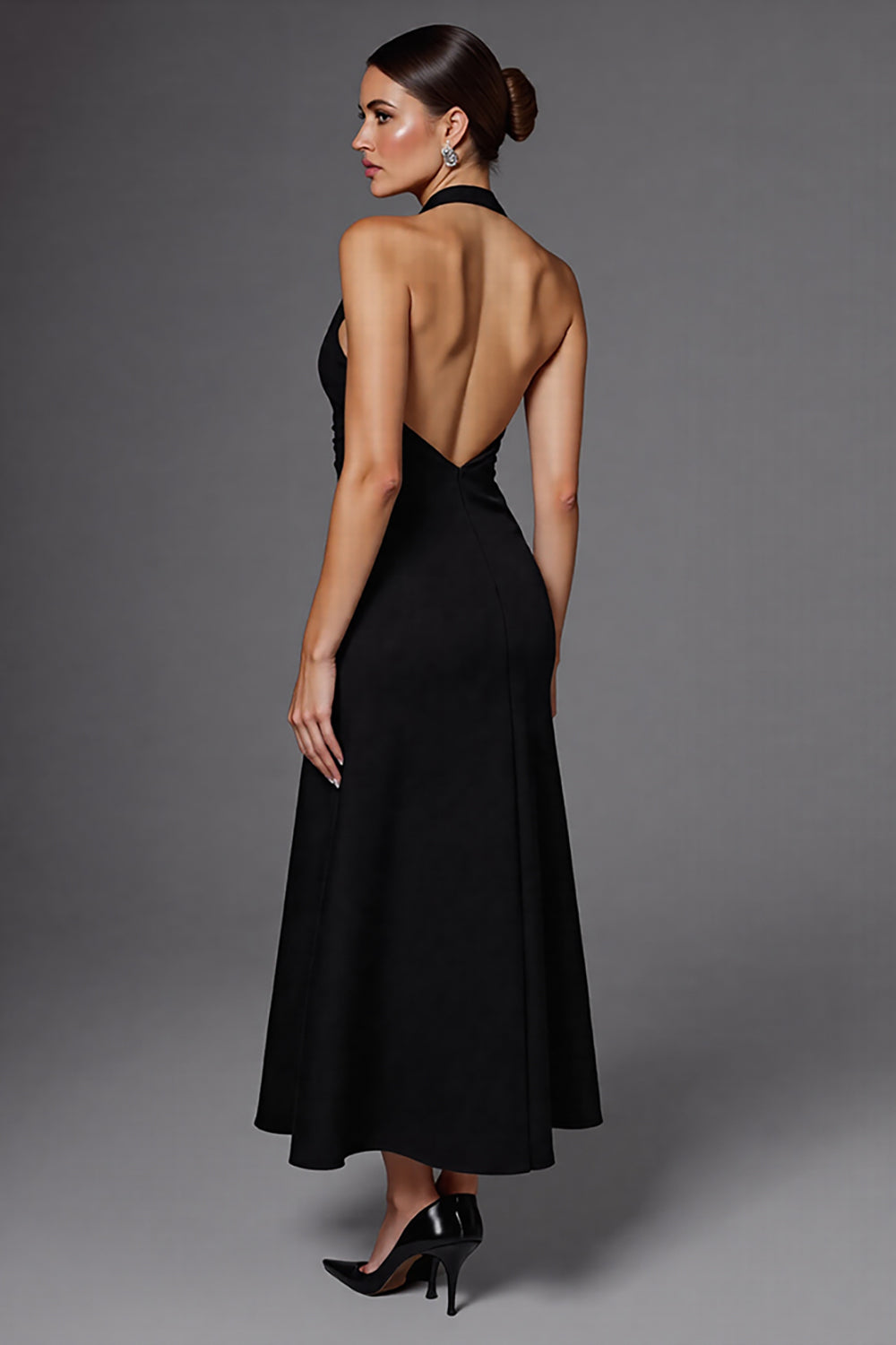 Elegant Satin A Line Halter Backless Long Black Tie Dress
