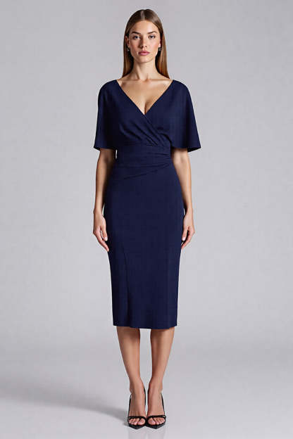 Leely Women Navy Satin Bodycon Midi Cocktail Dress Ruffled V-Neck Semi Formal Dress with Sleeves