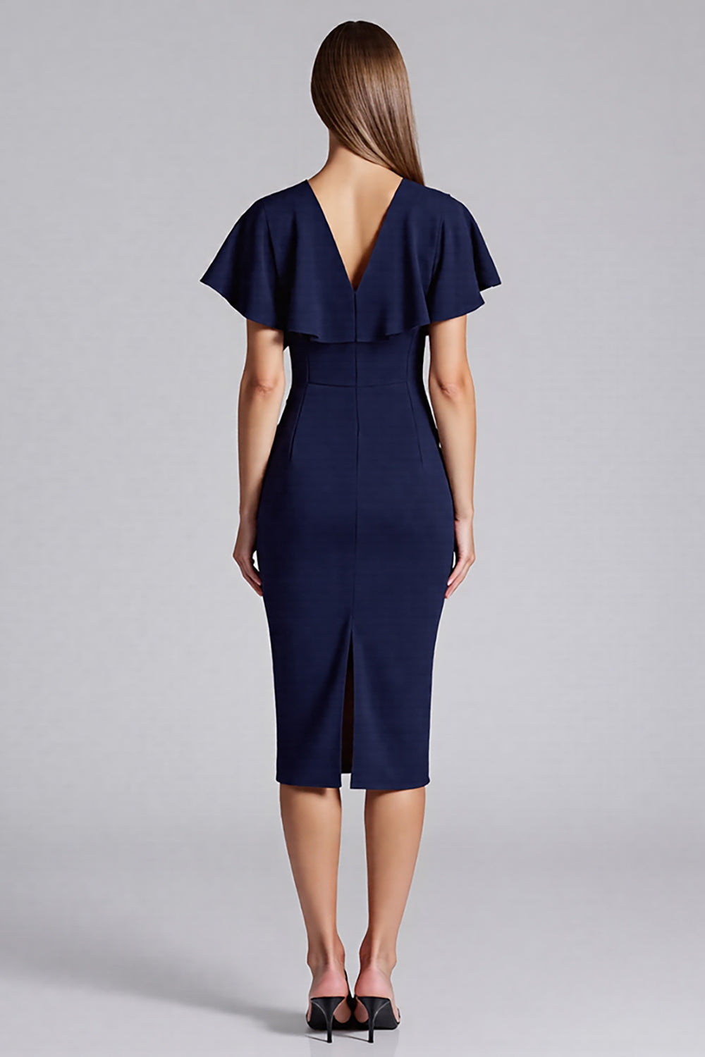 Navy Satin V-Neck Bodycon Midi Cocktail Dress with Sleeves