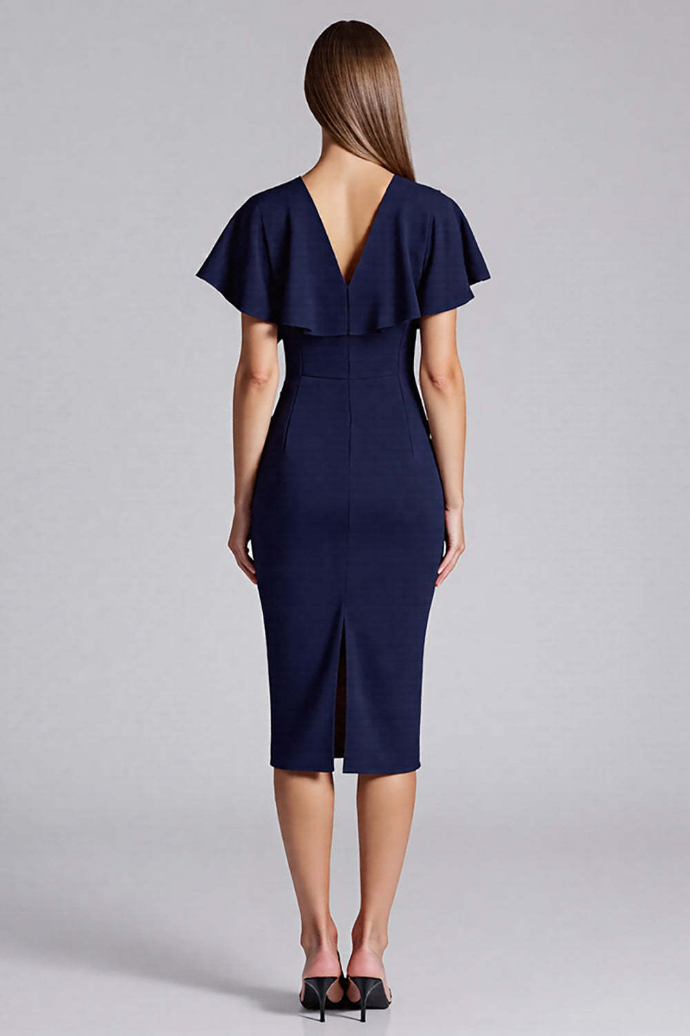 Navy Satin V-Neck Bodycon Midi Cocktail Dress with Sleeves