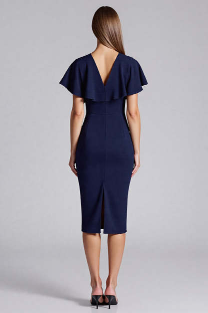 Navy Satin V-Neck Bodycon Midi Cocktail Dress with Sleeves