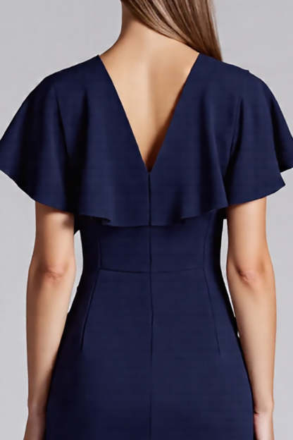Navy Satin V-Neck Bodycon Midi Cocktail Dress with Sleeves