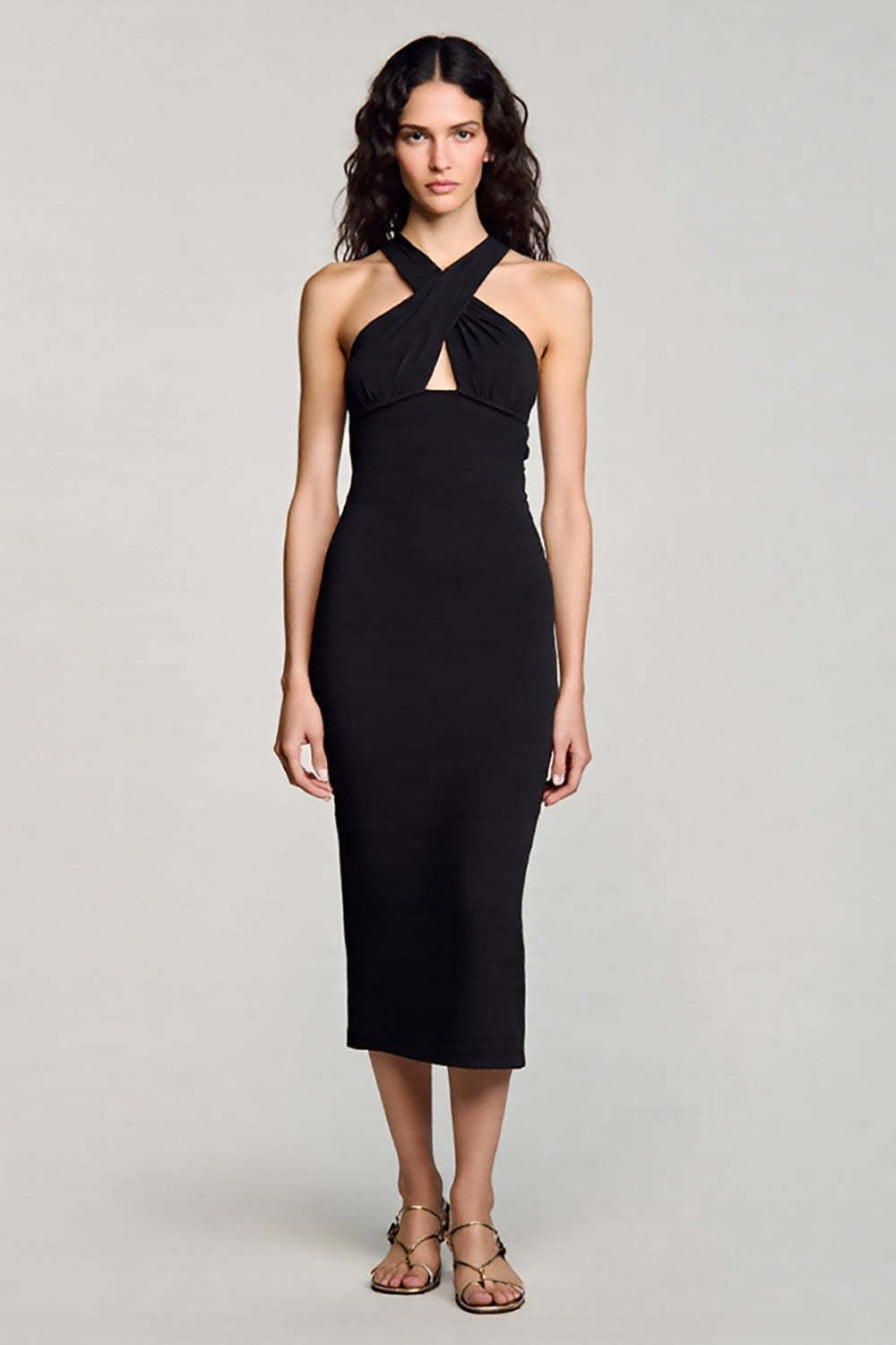 Leely Women Black Satin Bodycon Halter Midi Cocktail Dress Keyhole Backless Semi Formal Dress