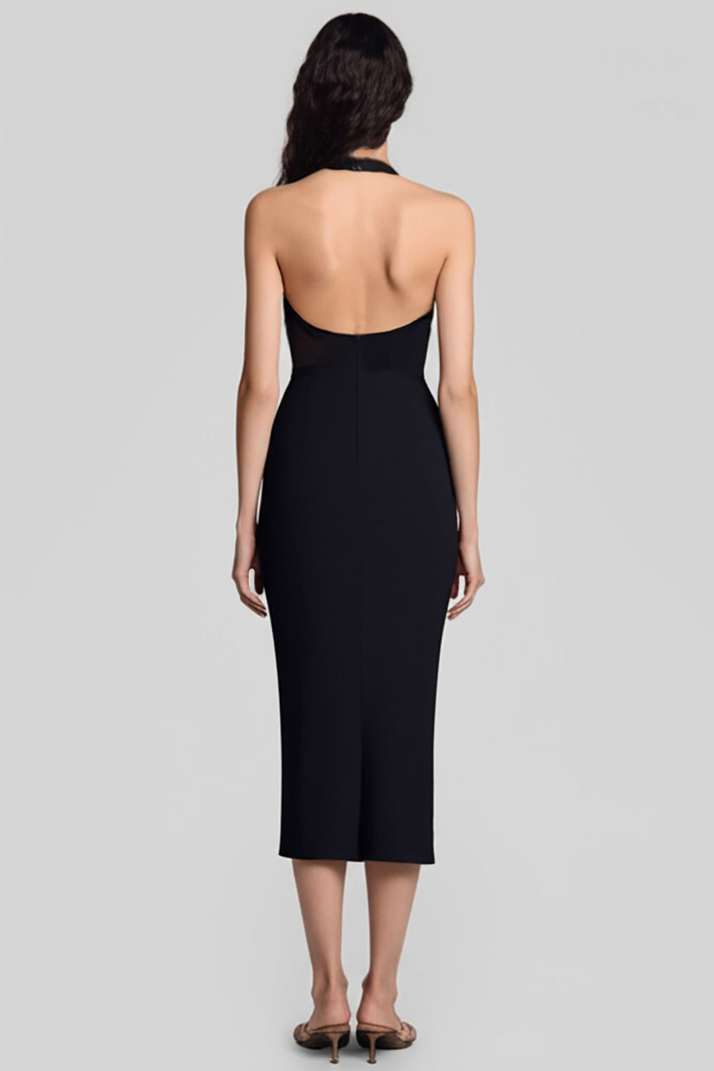 Black Satin Halter Bodycon Keyhole Backless Midi Cocktail Dress