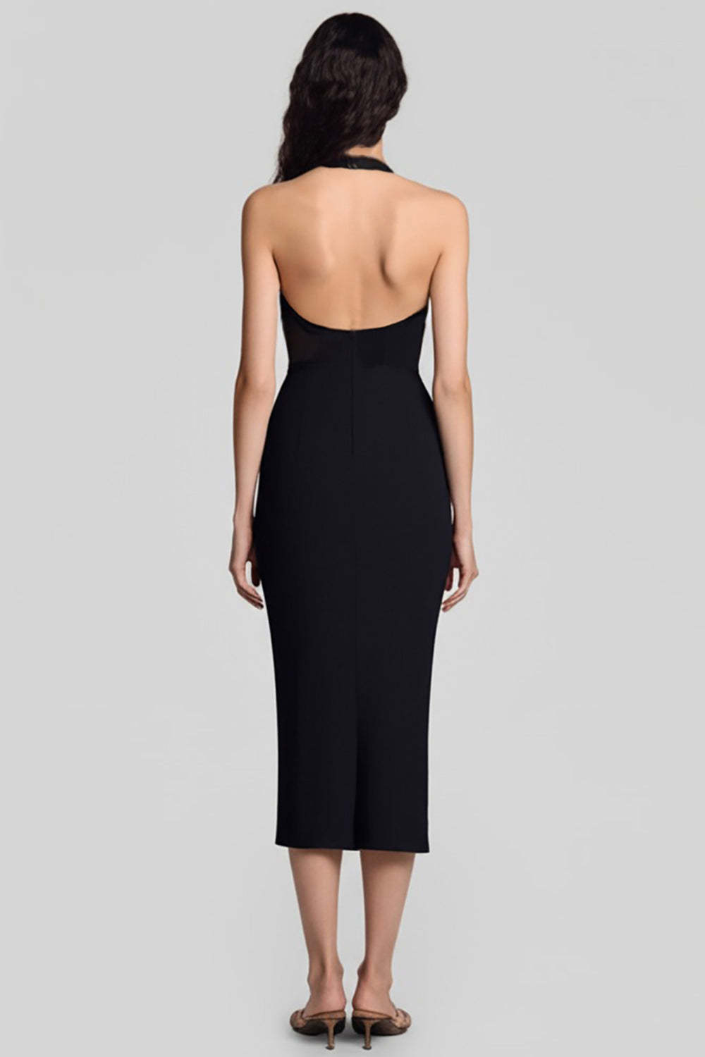 Black Satin Halter Bodycon Keyhole Backless Midi Cocktail Dress