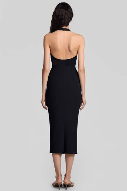 Black Satin Halter Bodycon Keyhole Backless Midi Cocktail Dress