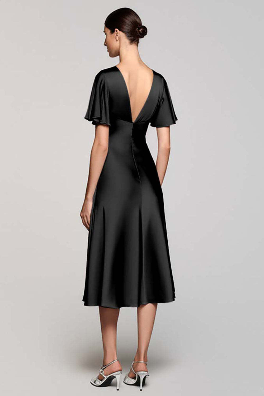 Black V-Neck Satin A Line Midi Cocktail Dress with Sleeves