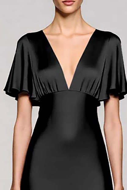 Black V-Neck Satin A Line Midi Cocktail Dress with Sleeves