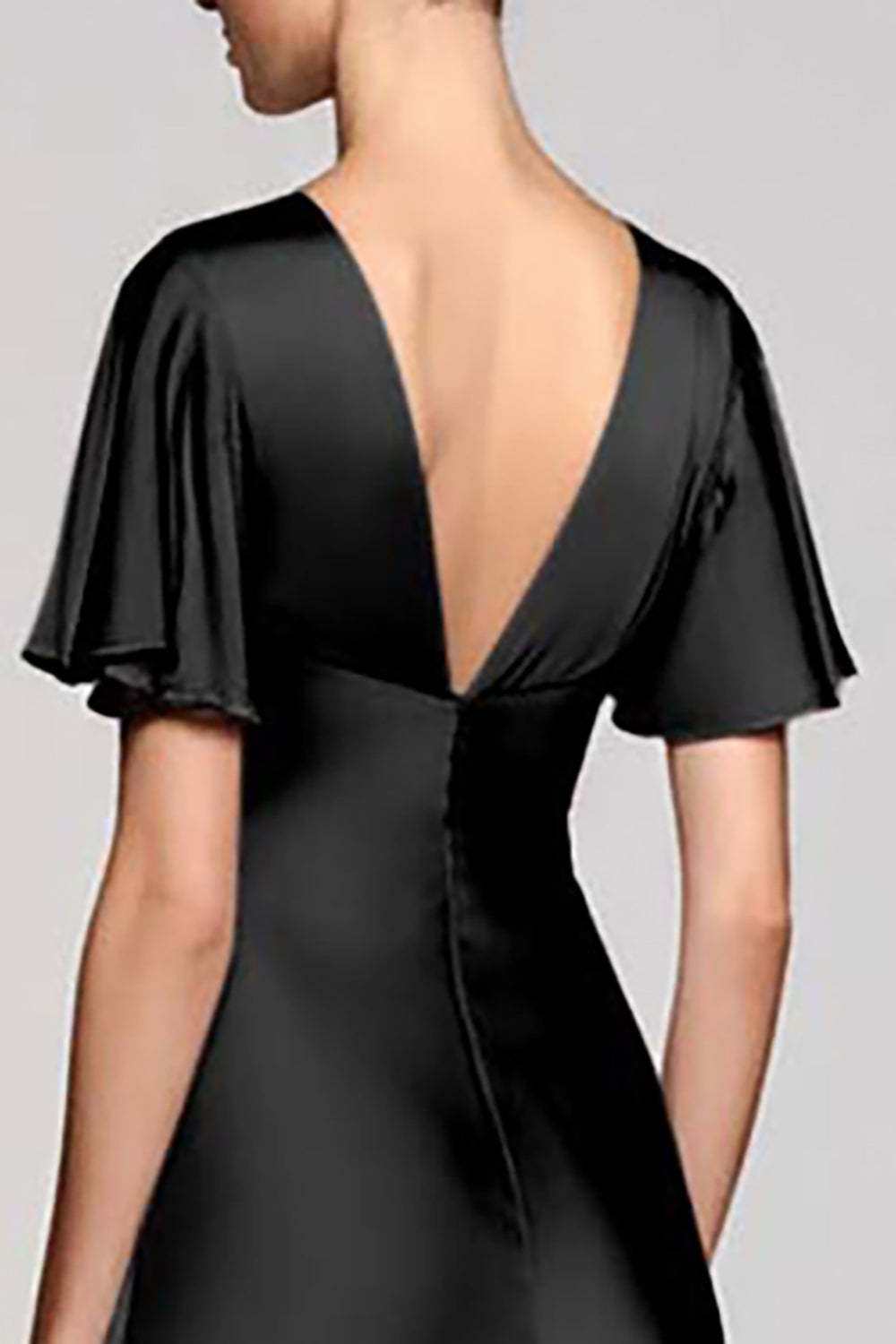 Black V-Neck Satin A Line Midi Cocktail Dress with Sleeves