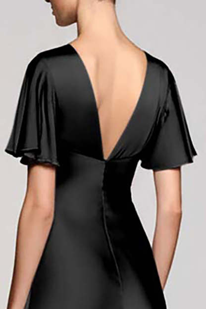 Black V-Neck Satin A Line Midi Cocktail Dress with Sleeves