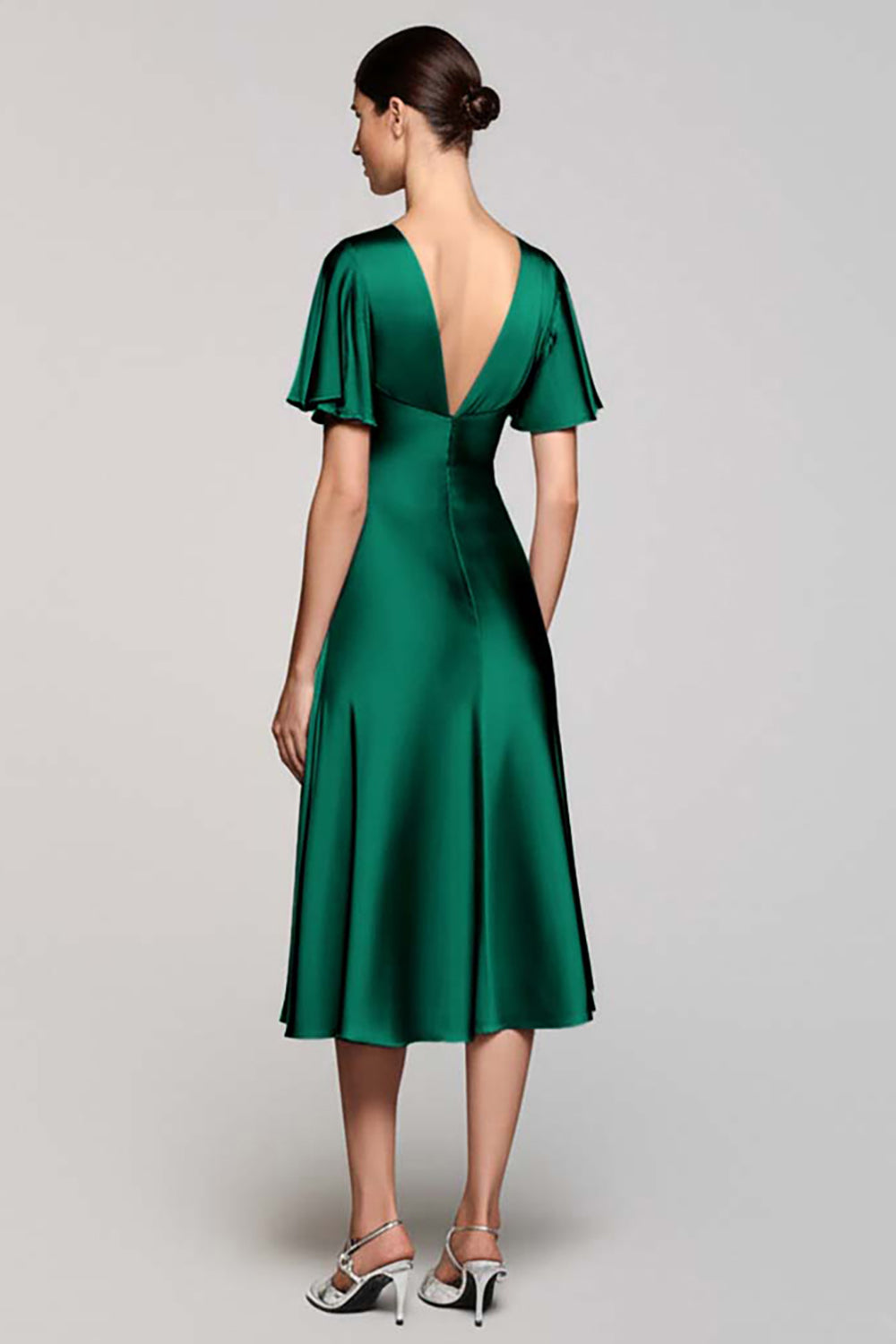 Black V-Neck Satin A Line Midi Cocktail Dress with Sleeves