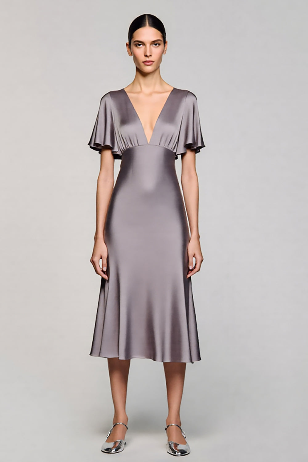 Black V-Neck Satin A Line Midi Cocktail Dress with Sleeves