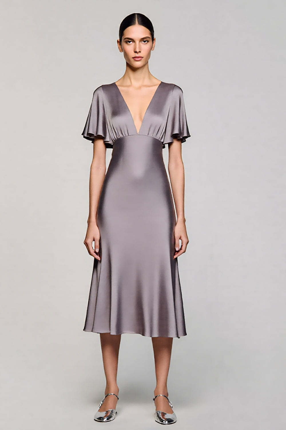 Black V-Neck Satin A Line Midi Cocktail Dress with Sleeves