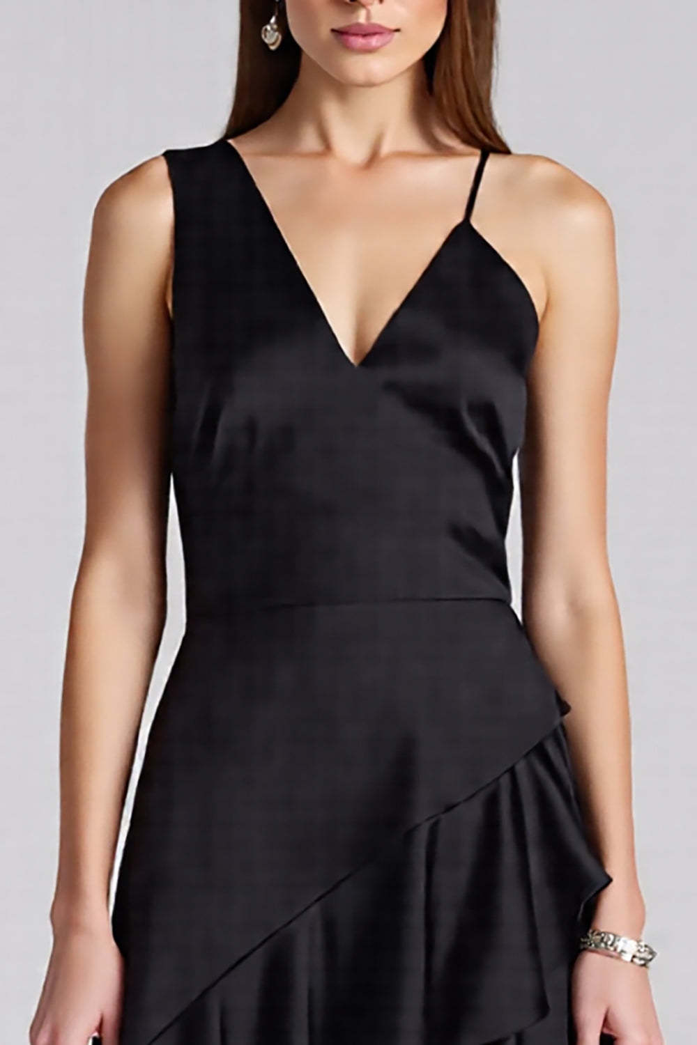 Black V-Neck Midi A Line Satin Cocktail Dress with Ruffles