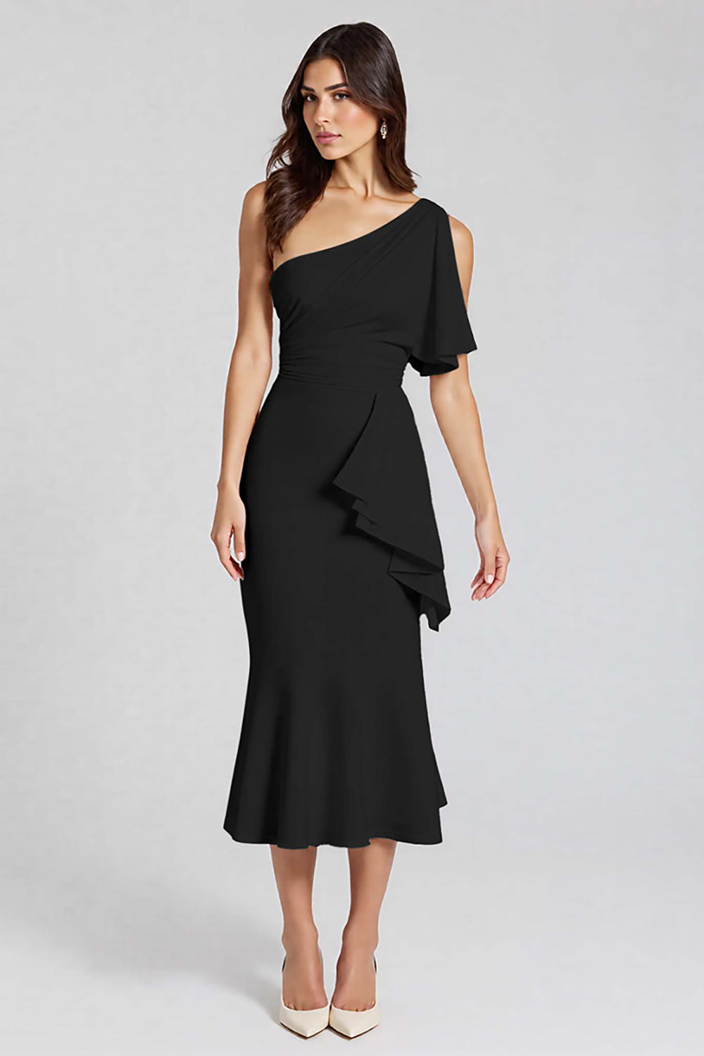 Black Mermaid Satin One Shoulder Midi Cocktail Dress with Ruffles