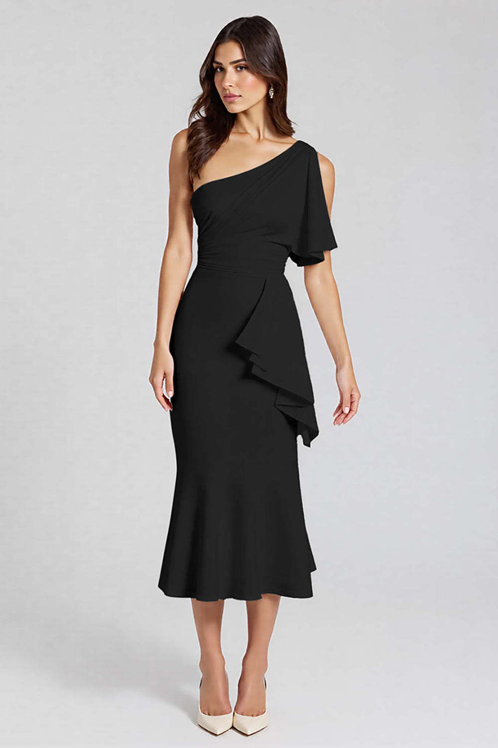 Dusty Blue One Shoulder Mermaid Midi Cocktail Dress with Ruffles