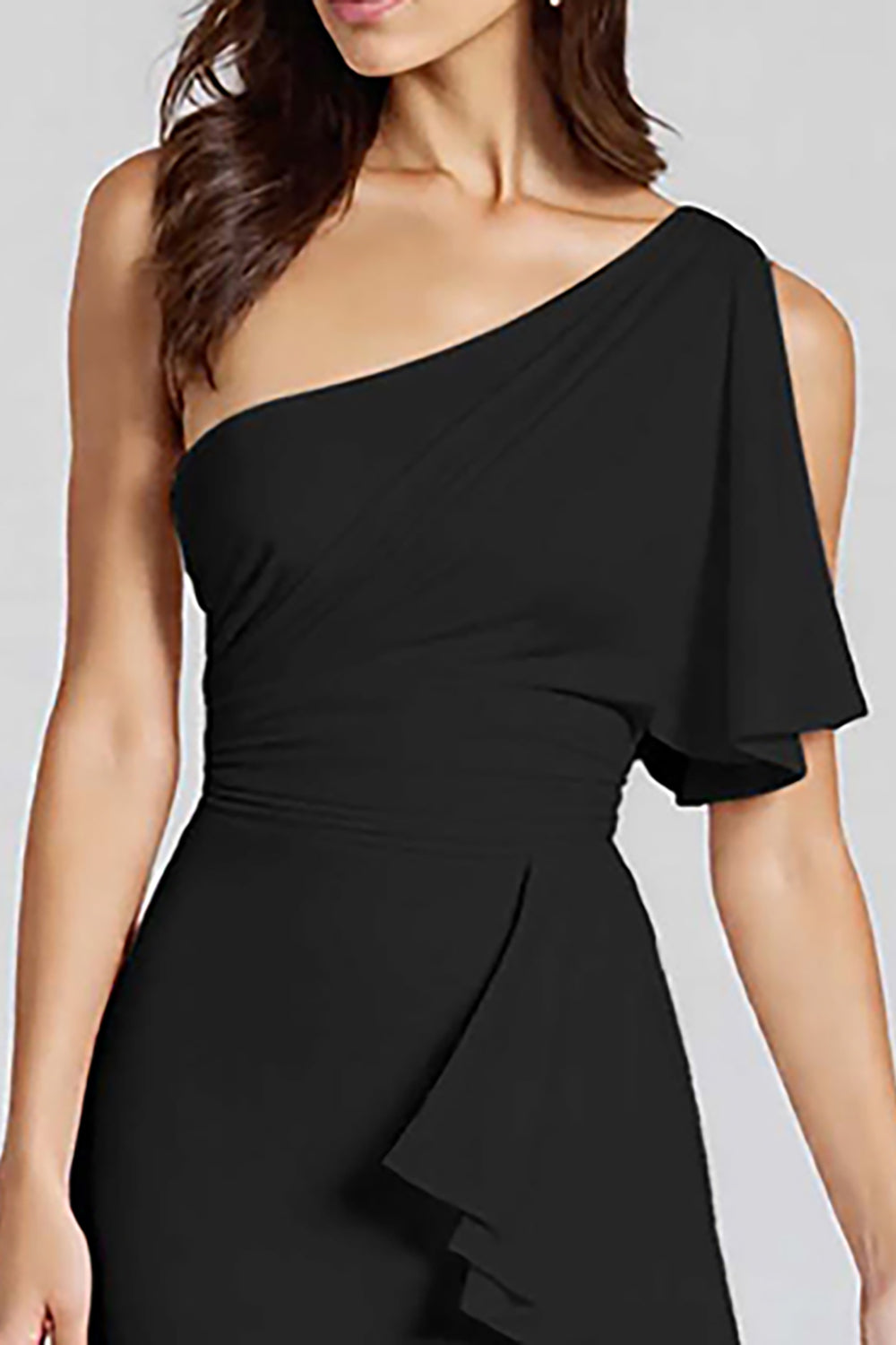 Black Mermaid Satin One Shoulder Midi Cocktail Dress with Ruffles
