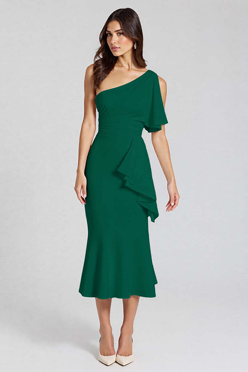 Dusty Blue One Shoulder Mermaid Midi Cocktail Dress with Ruffles
