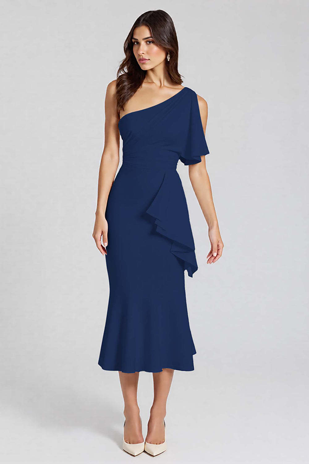Dusty Blue One Shoulder Mermaid Midi Cocktail Dress with Ruffles