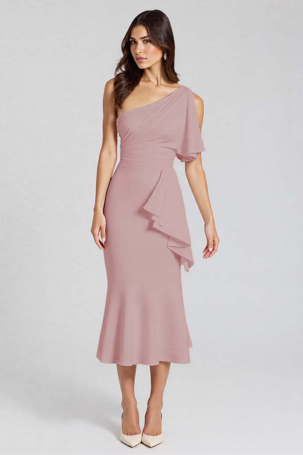 Dusty Blue One Shoulder Mermaid Midi Cocktail Dress with Ruffles