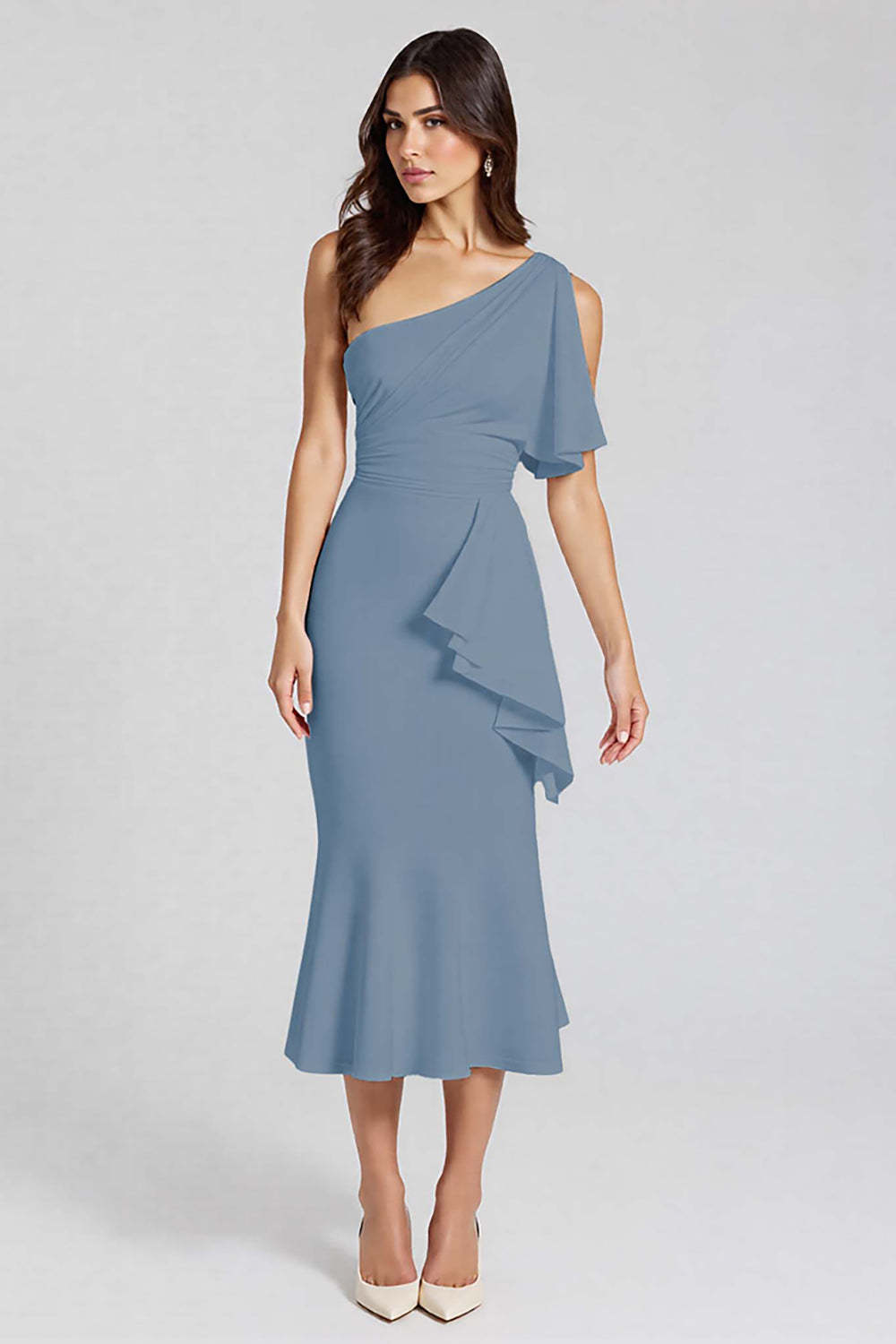 Leely Women Dusty Blue Satin Mermaid Midi Cocktail Dress Ruffled One Shoulder Semi Formal Dress