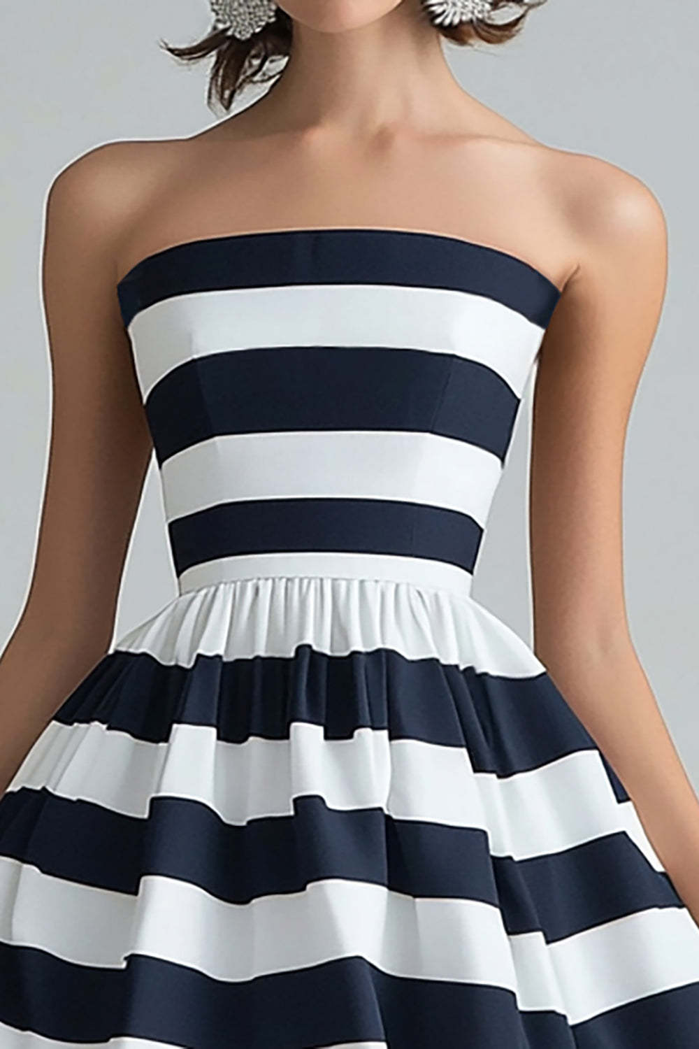 A Line Navy White Stripe Strapless Midi Cocktail Dress