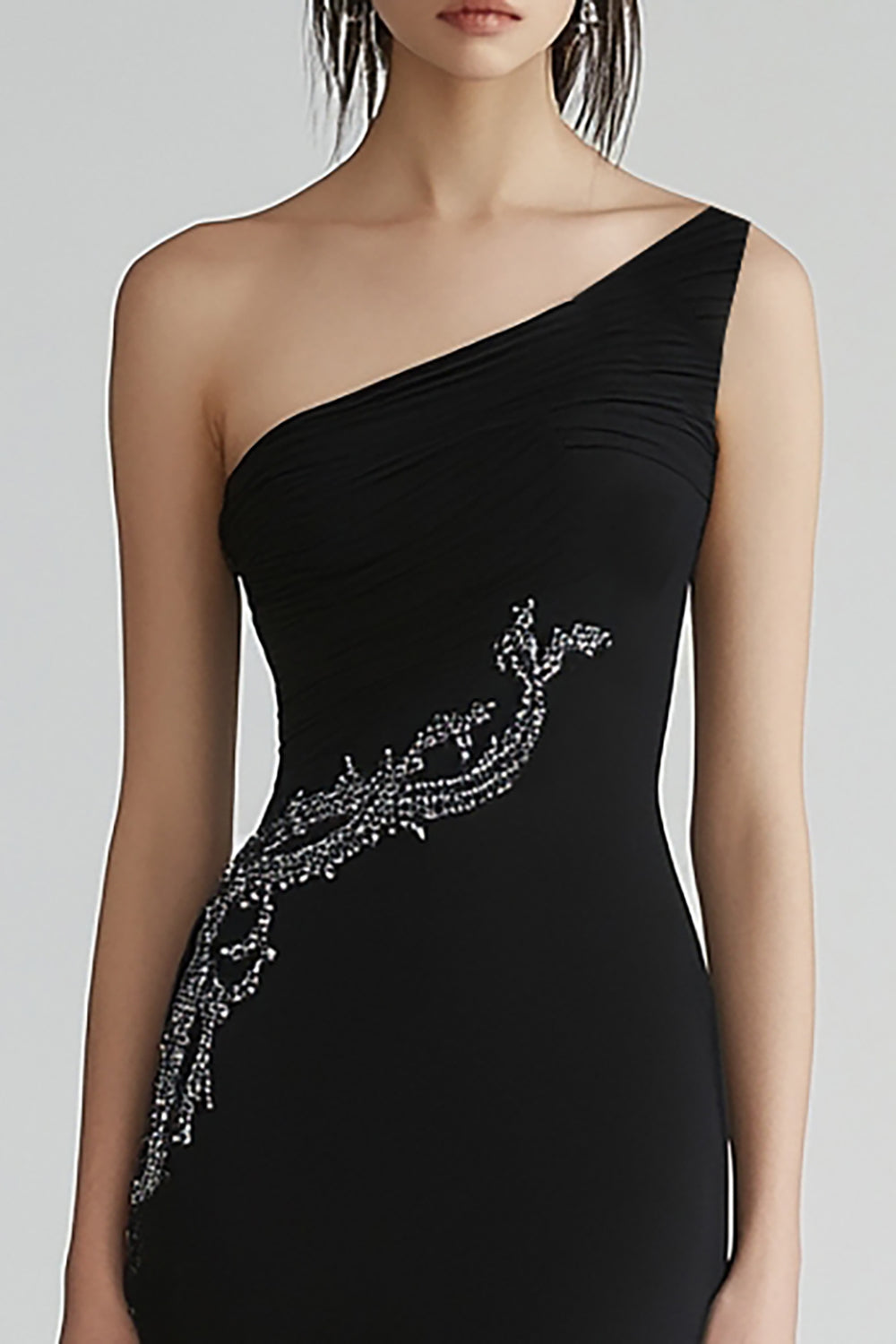 Sparkly Chiffon One Shoulder High Low Black Tie Dress with Beading