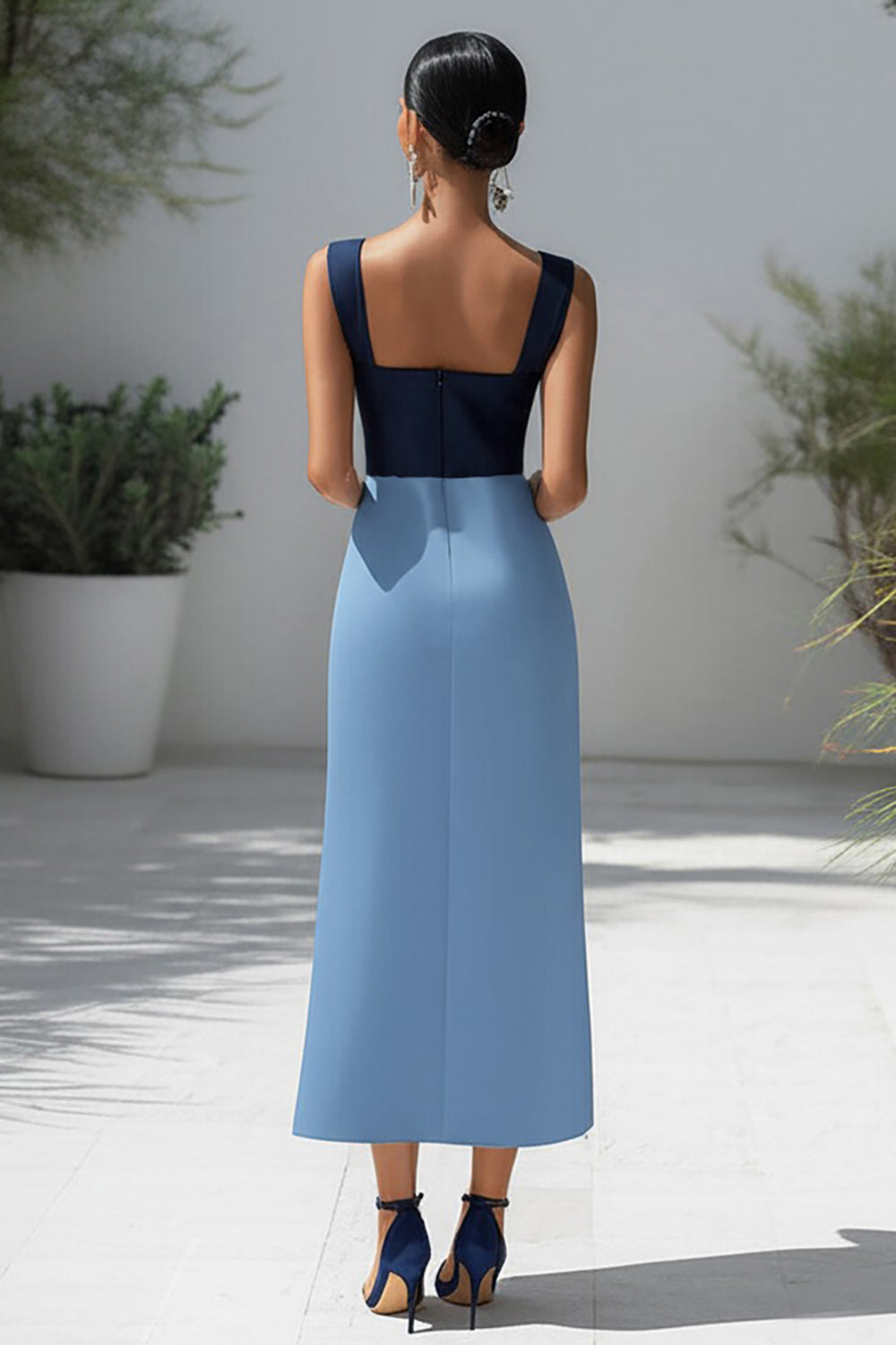 Blue Patchwork Square Neck Satin Long Formal Dress with Slit