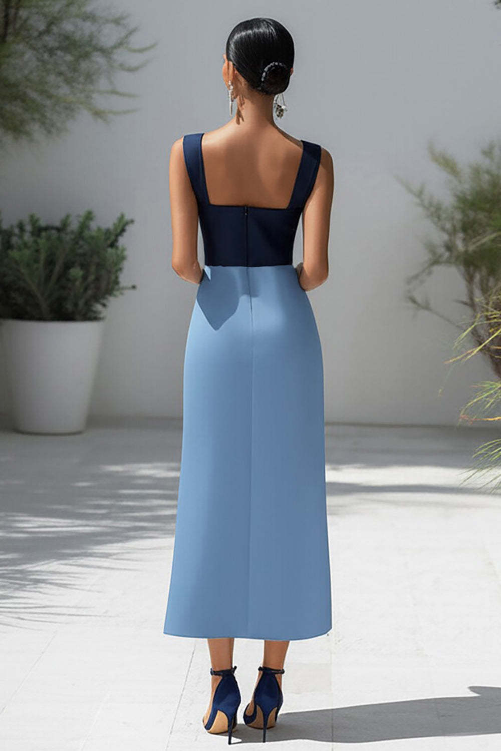 Blue Patchwork Square Neck Satin Long Formal Dress with Slit