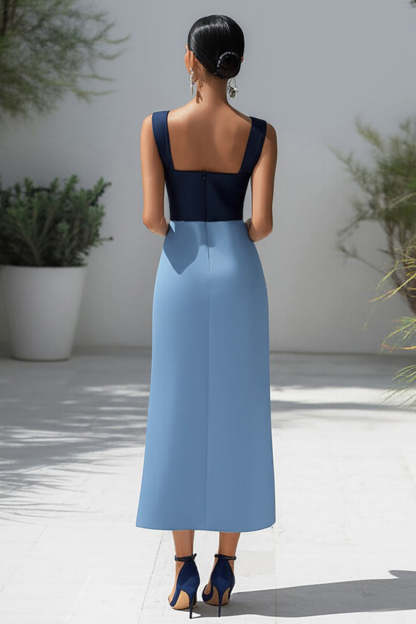 Blue Patchwork Square Neck Satin Long Formal Dress with Slit