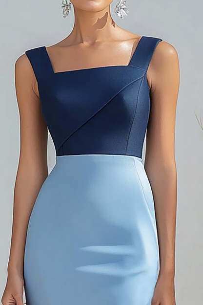 Blue Patchwork Square Neck Satin Long Formal Dress with Slit