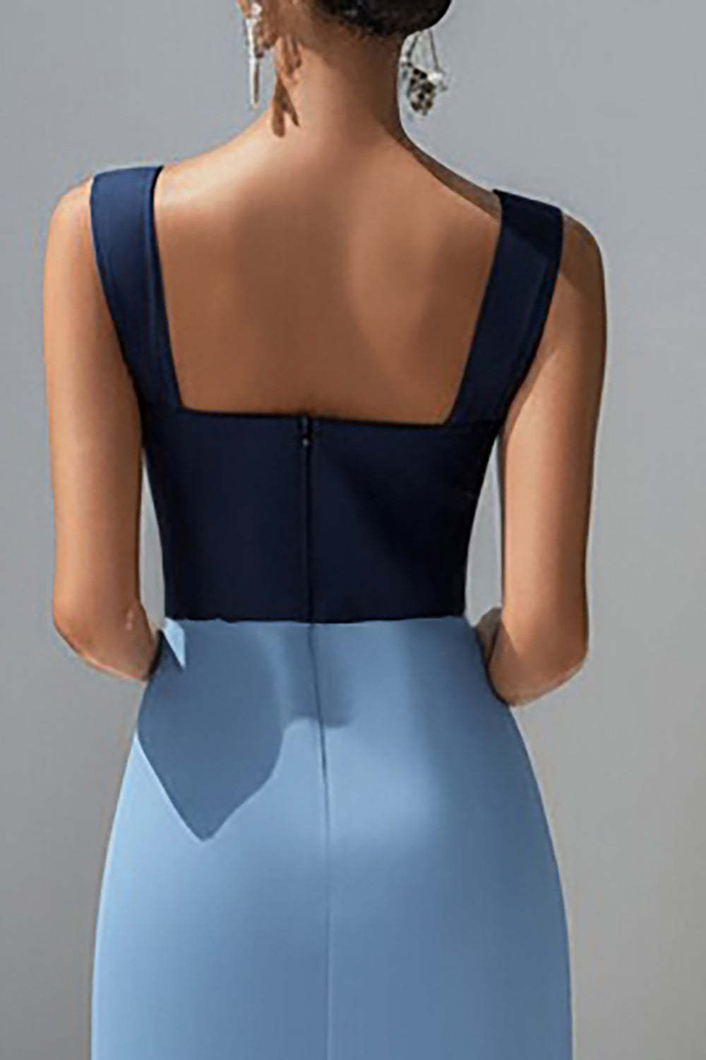 Blue Patchwork Square Neck Satin Long Formal Dress with Slit