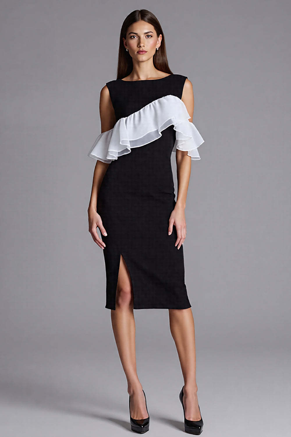 Leely Women Black and White Satin Midi Bodycon Cocktail Dress with Ruffles Boat Neck Semi Formal Dress with Slit