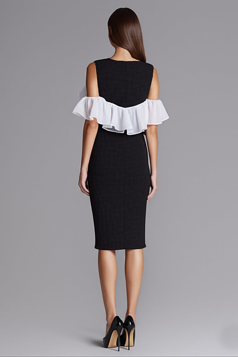 Black and White Bodycon Midi Cocktail Dress with Ruffles
