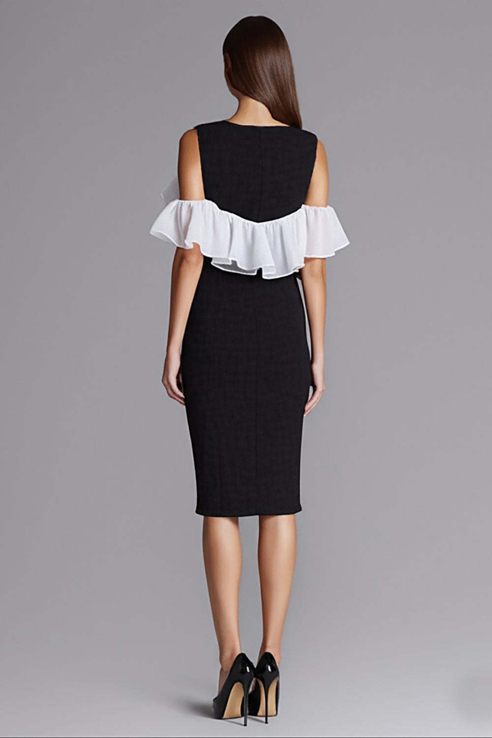 Black and White Bodycon Midi Cocktail Dress with Ruffles