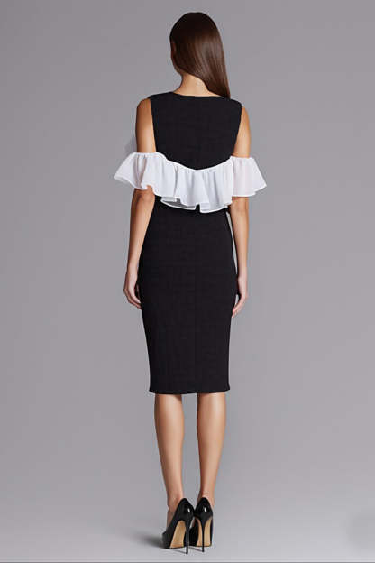 Black and White Bodycon Midi Cocktail Dress with Ruffles