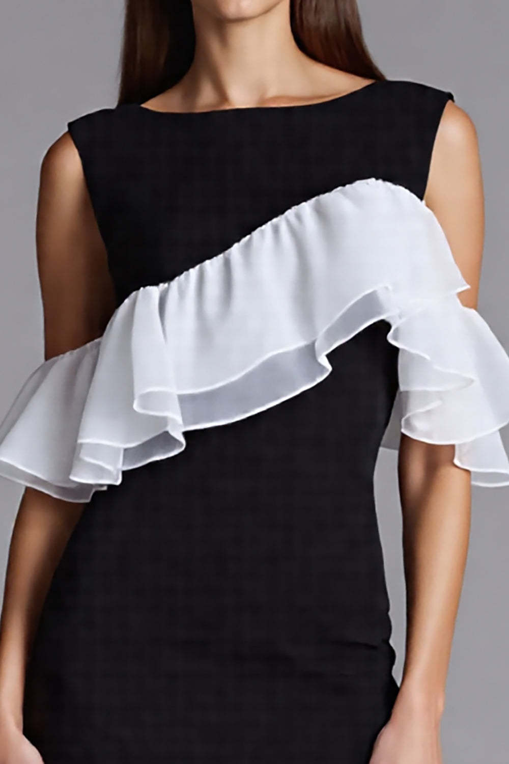Black and White Bodycon Midi Cocktail Dress with Ruffles