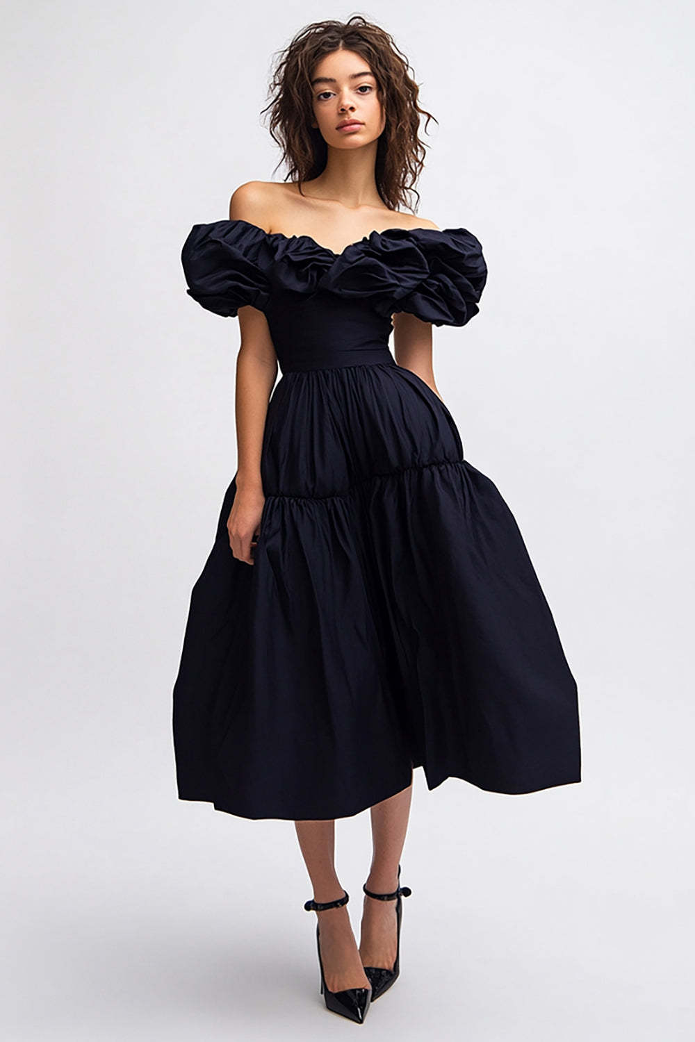 Leely Women Black A Line Midi Cocktail Dress with Ruffles Off the Shoulder Semi Formal Dress