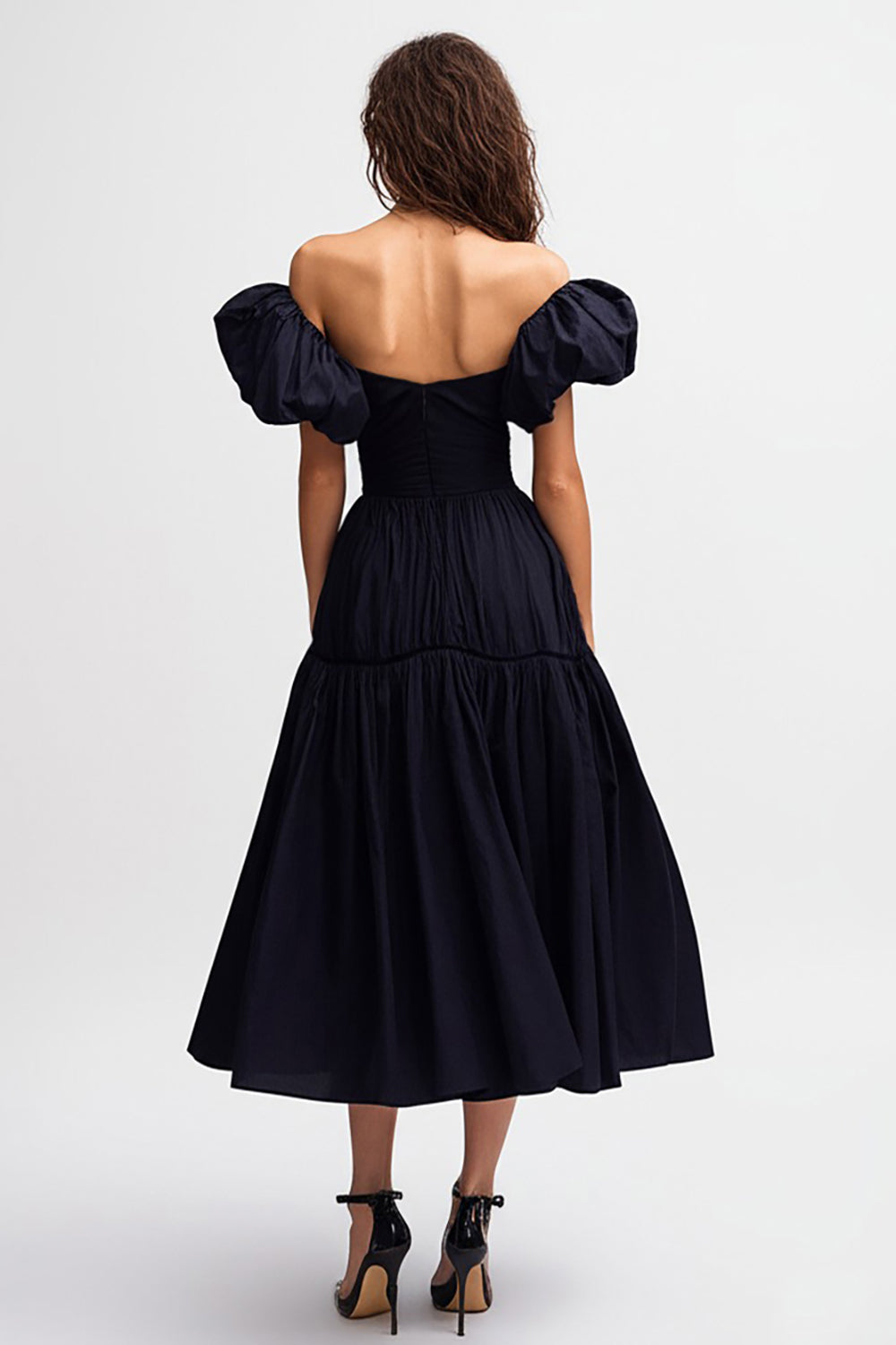 Black Satin A Line Midi Cocktail Dress with Ruffles