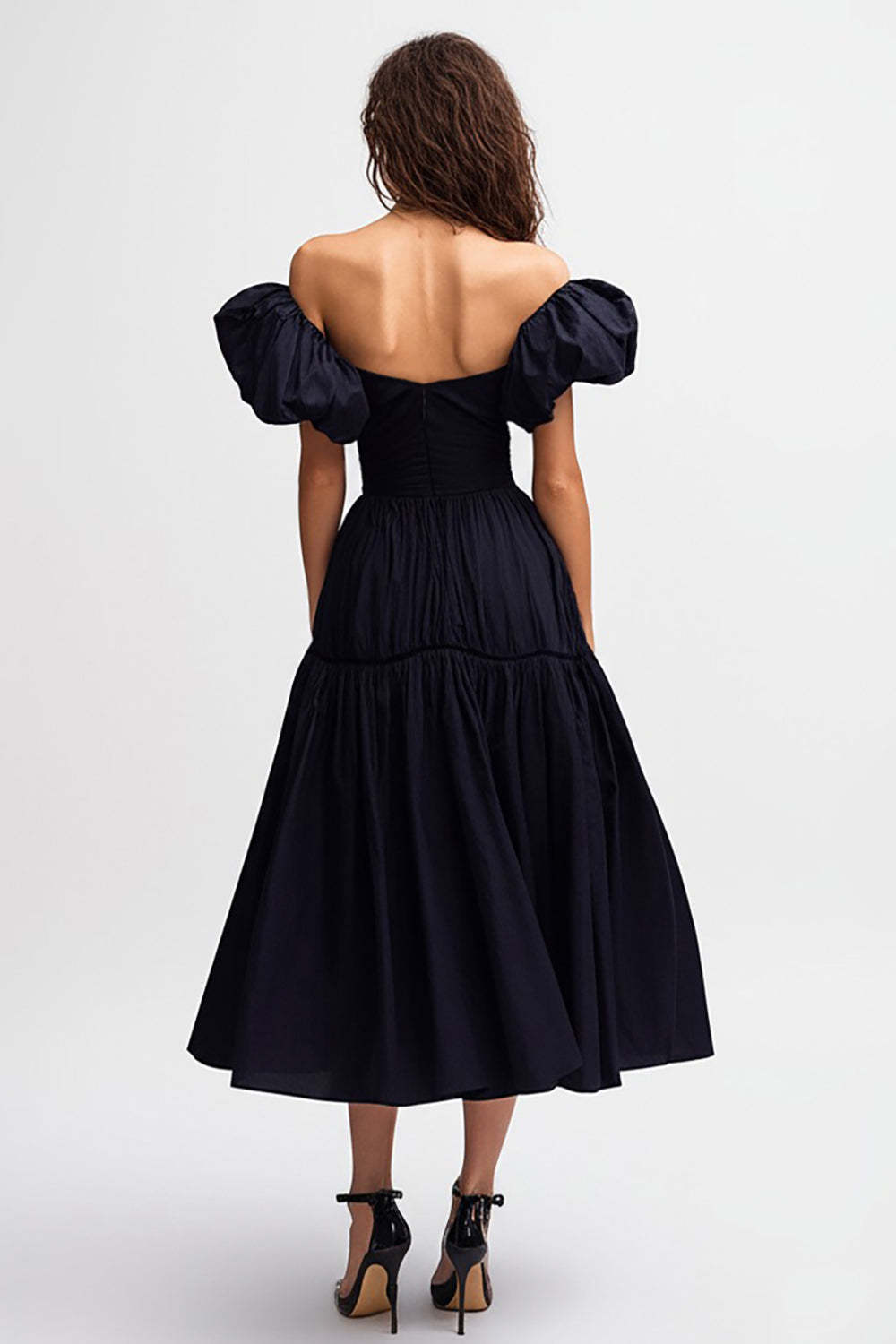 Black Satin A Line Midi Cocktail Dress with Ruffles