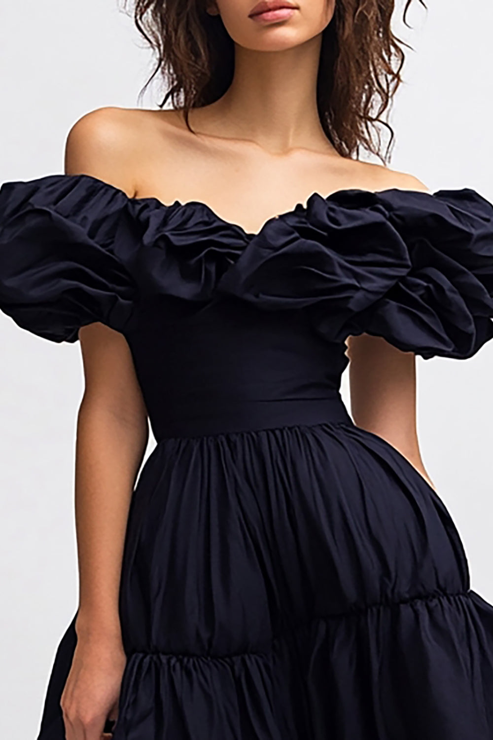 Black Satin A Line Midi Cocktail Dress with Ruffles