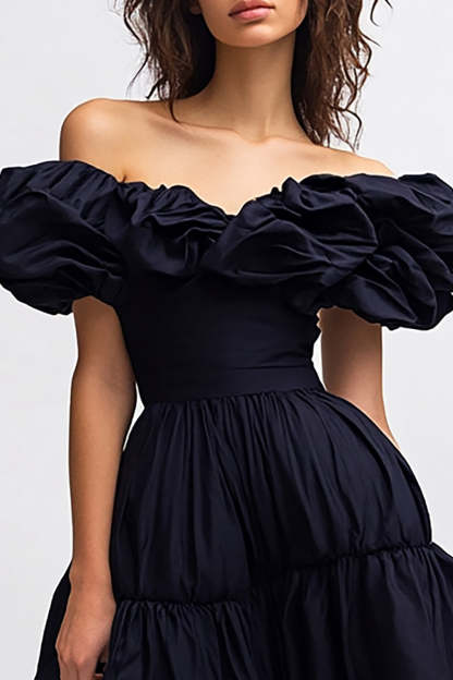 Black Satin A Line Midi Cocktail Dress with Ruffles