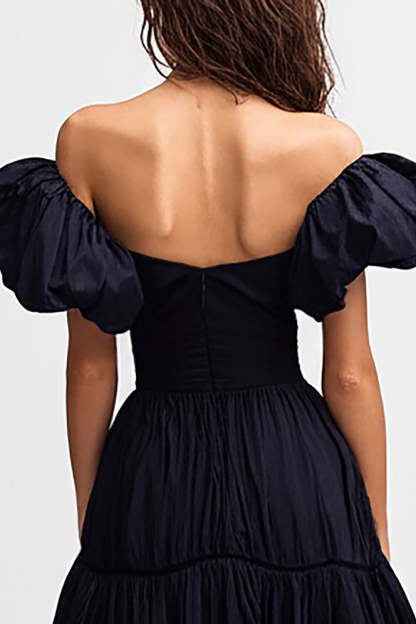 Black Satin A Line Midi Cocktail Dress with Ruffles