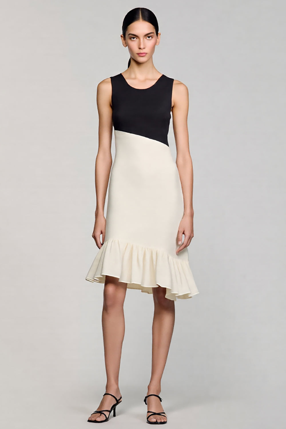Leely Women Black and White Midi Cocktail Dress with Ruffles Bodycon Jewel Neck Semi Formal Dress