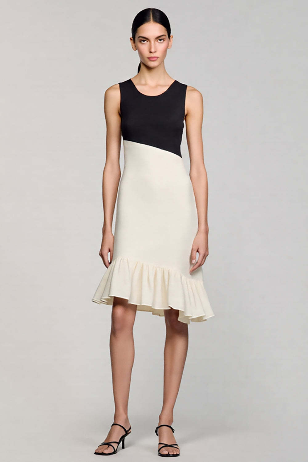 Leely Women Black and White Midi Cocktail Dress with Ruffles Bodycon Jewel Neck Semi Formal Dress