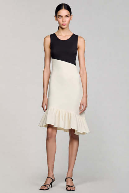 Leely Women Black and White Midi Cocktail Dress with Ruffles Bodycon Jewel Neck Semi Formal Dress